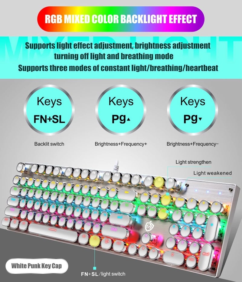 YSCP Typewriter Style Mechanical Gaming Keyboard LED Backlit Wired with Blue Switch Retro Round Keycap 104 Keys Keyboard (White 104 Keys LED) - Image 3